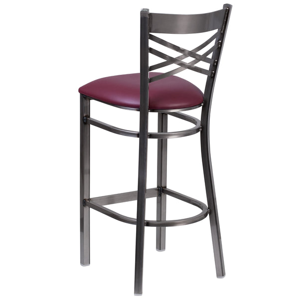 Burgundy Vinyl Seat/Clear Coated Metal Frame |#| Clear Coated "X" Back Metal Restaurant Barstool - Burgundy Vinyl Seat