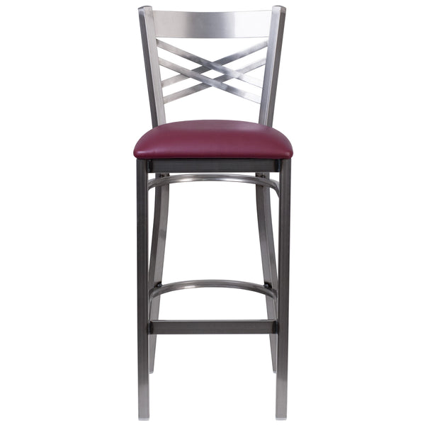 Burgundy Vinyl Seat/Clear Coated Metal Frame |#| Clear Coated "X" Back Metal Restaurant Barstool - Burgundy Vinyl Seat