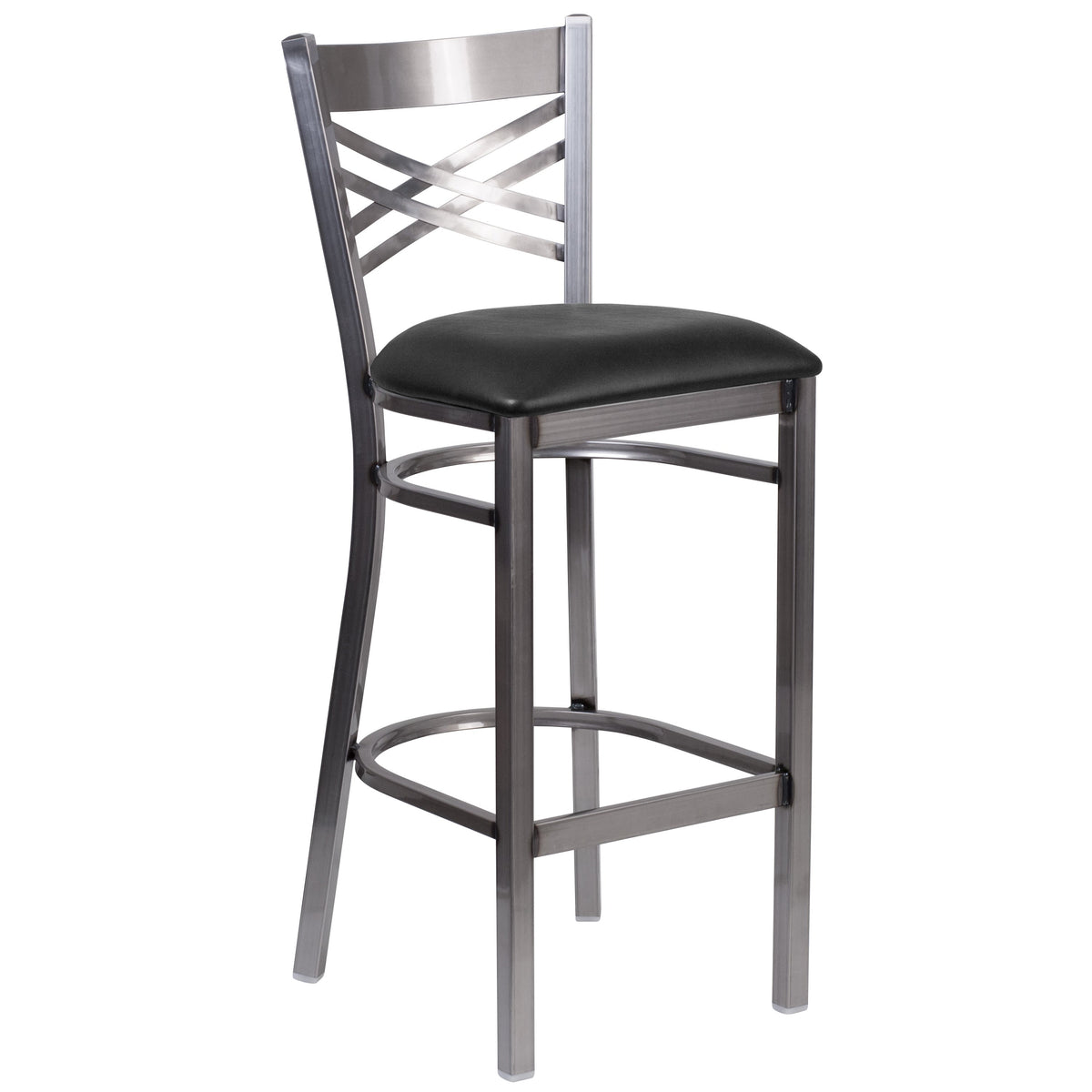 Black Vinyl Seat/Clear Coated Metal Frame |#| Clear Coated "X" Back Metal Restaurant Barstool - Black Vinyl Seat