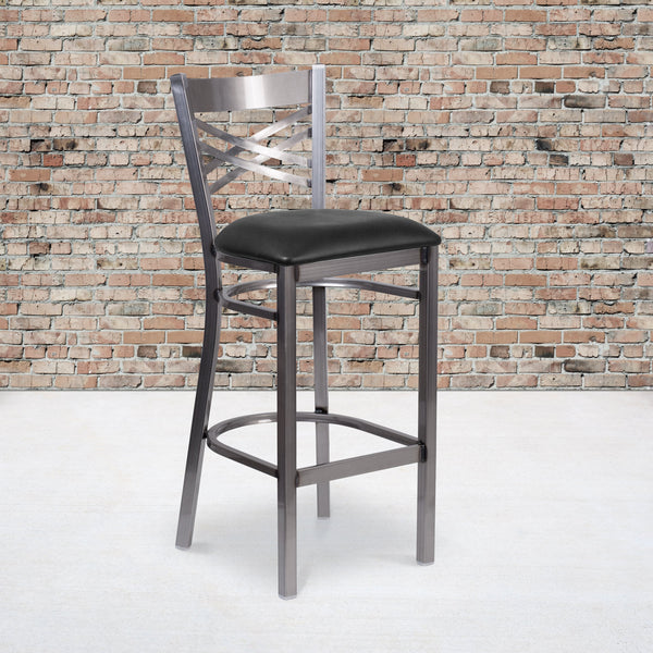 Black Vinyl Seat/Clear Coated Metal Frame |#| Clear Coated "X" Back Metal Restaurant Barstool - Black Vinyl Seat