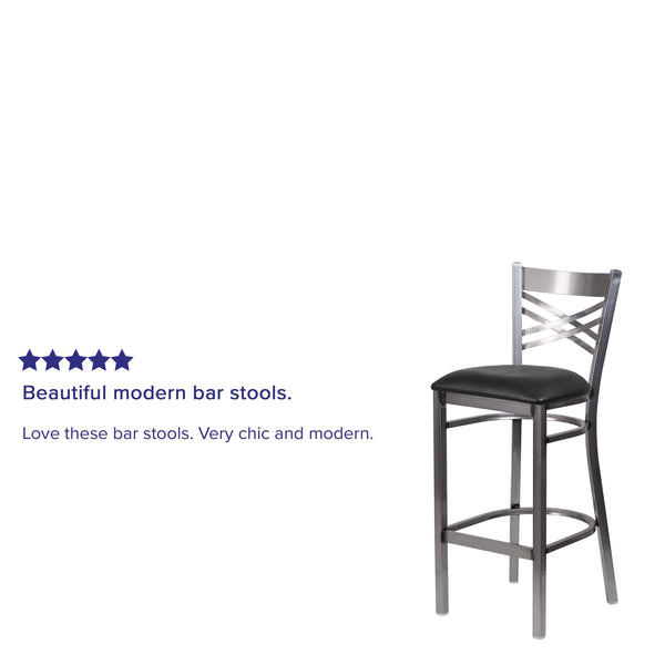 Black Vinyl Seat/Clear Coated Metal Frame |#| Clear Coated "X" Back Metal Restaurant Barstool - Black Vinyl Seat