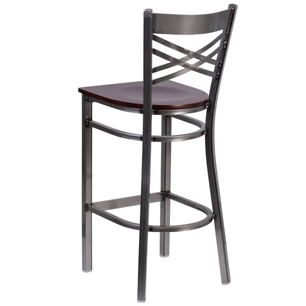 Walnut Wood Seat/Clear Coated Metal Frame |#| Clear Coated "X" Back Metal Restaurant Barstool - Walnut Wood Seat