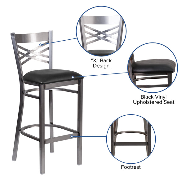 Black Vinyl Seat/Clear Coated Metal Frame |#| Clear Coated "X" Back Metal Restaurant Barstool - Black Vinyl Seat