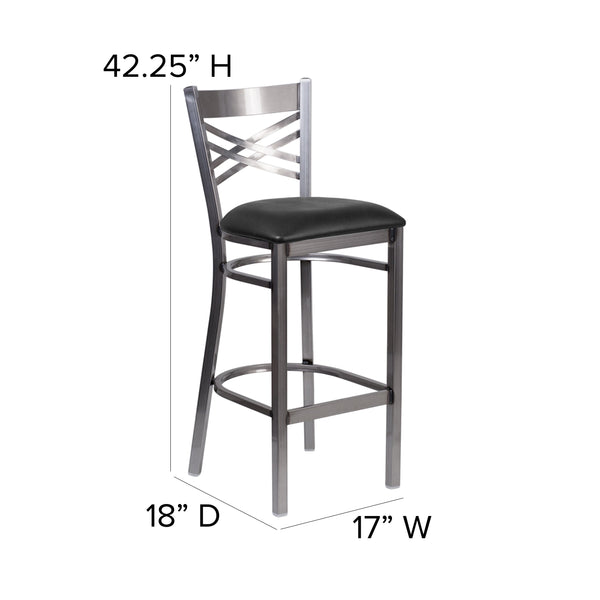 Black Vinyl Seat/Clear Coated Metal Frame |#| Clear Coated "X" Back Metal Restaurant Barstool - Black Vinyl Seat