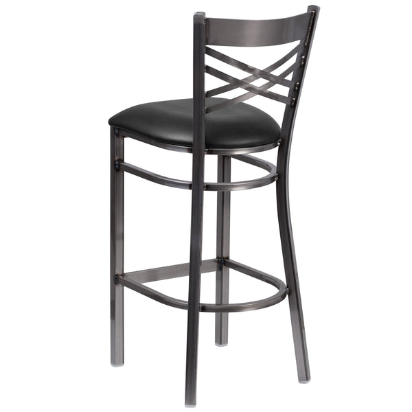 Black Vinyl Seat/Clear Coated Metal Frame |#| Clear Coated "X" Back Metal Restaurant Barstool - Black Vinyl Seat