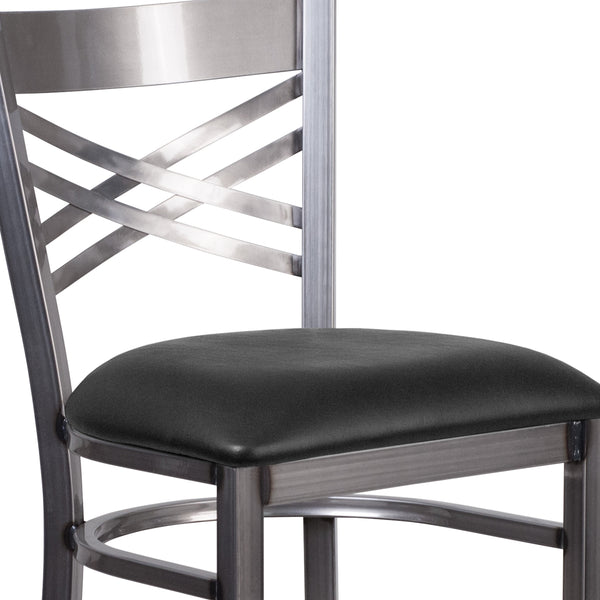 Black Vinyl Seat/Clear Coated Metal Frame |#| Clear Coated "X" Back Metal Restaurant Barstool - Black Vinyl Seat