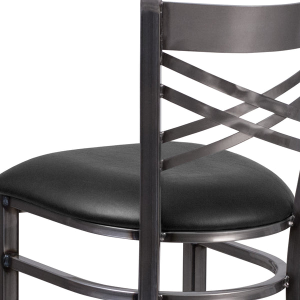 Black Vinyl Seat/Clear Coated Metal Frame |#| Clear Coated "X" Back Metal Restaurant Barstool - Black Vinyl Seat