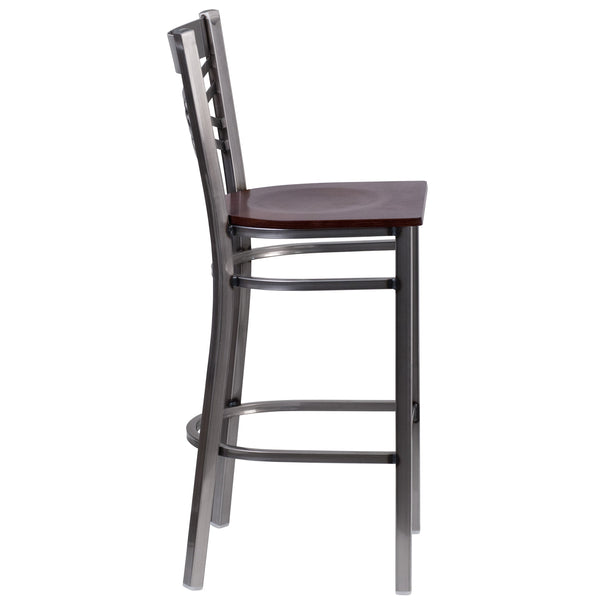 Walnut Wood Seat/Clear Coated Metal Frame |#| Clear Coated "X" Back Metal Restaurant Barstool - Walnut Wood Seat