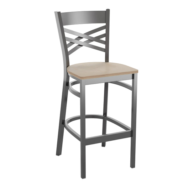 Antique White Wood Seat/Clear Coated Metal Frame |#| Clear Coated "X" Back Metal Restaurant Barstool - Antique White Wood Seat