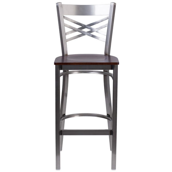 Walnut Wood Seat/Clear Coated Metal Frame |#| Clear Coated "X" Back Metal Restaurant Barstool - Walnut Wood Seat
