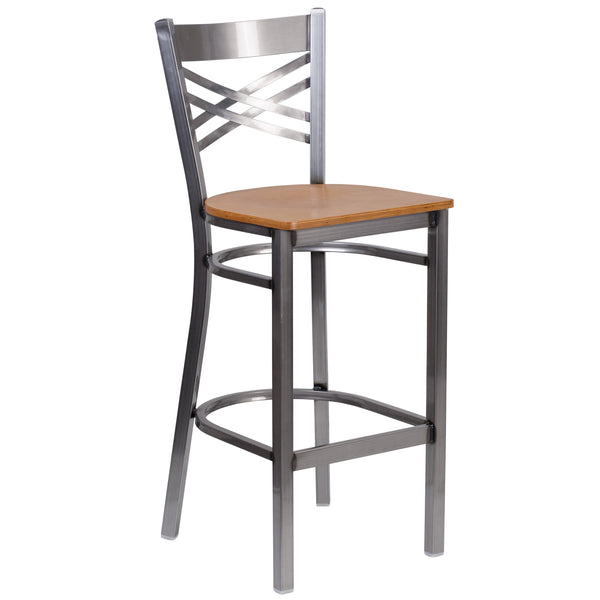 Natural Wood Seat/Clear Coated Metal Frame |#| Clear Coated "X" Back Metal Restaurant Barstool - Natural Wood Seat