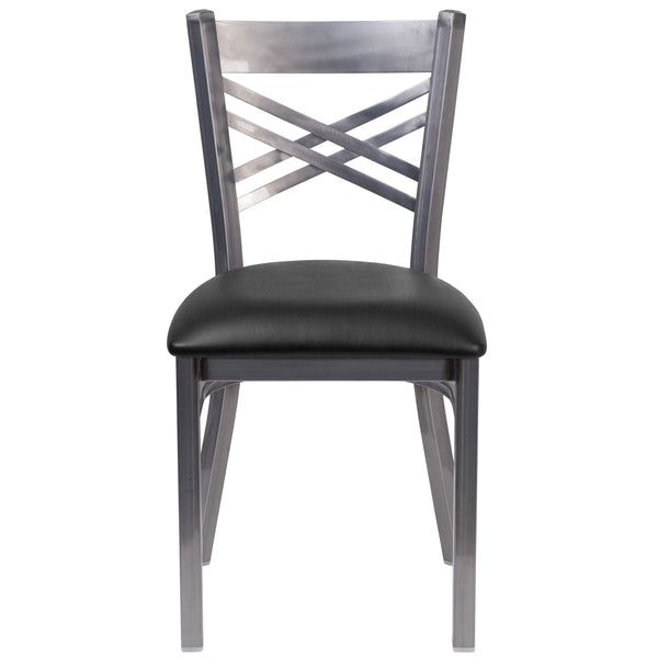 Black Vinyl Seat/Clear Coated Metal Frame |#| Clear Coated inchXinch Back Metal Restaurant Chair - Black Vinyl Seat