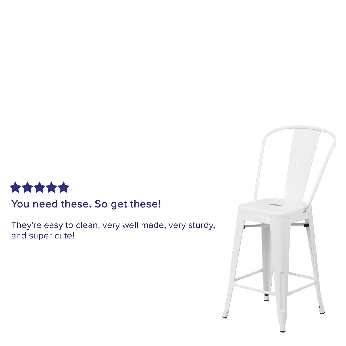 White |#| 24inch High White Metal Indoor-Outdoor Counter Height Stool with Back