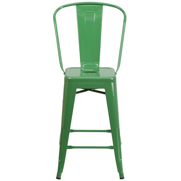 Green |#| 24inch High Green Metal Indoor-Outdoor Counter Height Stool with Back