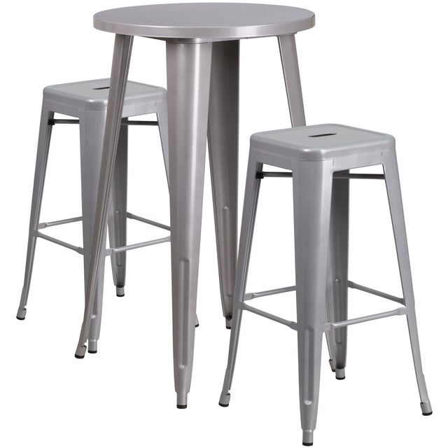 Commercial Grade 24" Round Metal Indoor-Outdoor Bar Table Set with 2 Square Seat Backless Stools - View 1