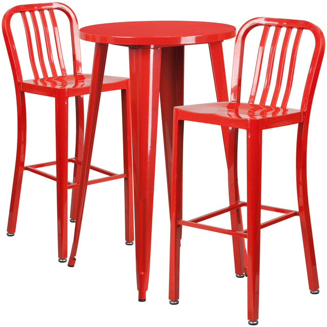 Commercial Grade 24" Round Metal Indoor-Outdoor Bar Table Set with 2 Vertical Slat Back Stools - View 1