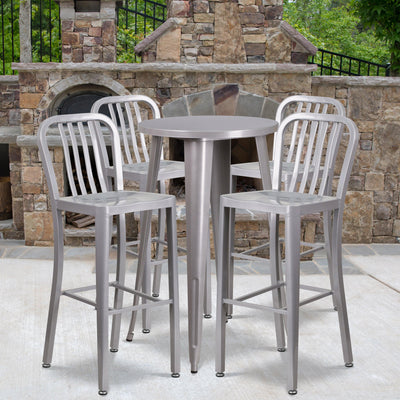 Commercial Grade 24" Round Metal Indoor-Outdoor Bar Table Set with 4 Vertical Slat Back Stools - View 2