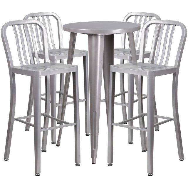 Commercial Grade 24" Round Metal Indoor-Outdoor Bar Table Set with 4 Vertical Slat Back Stools - View 1