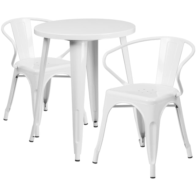 Commercial Grade 24" Round Metal Indoor-Outdoor Table Set with 2 Arm Chairs - View 1