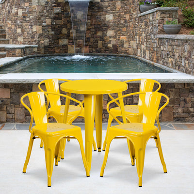 Commercial Grade 24" Round Metal Indoor-Outdoor Table Set with 4 Arm Chairs - View 2