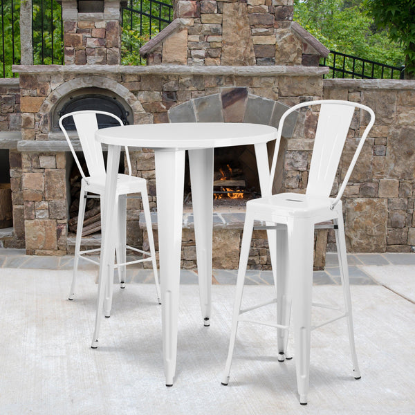 White |#| 30inch Round White Metal Indoor-Outdoor Bar Table Set with 2 Cafe Stools