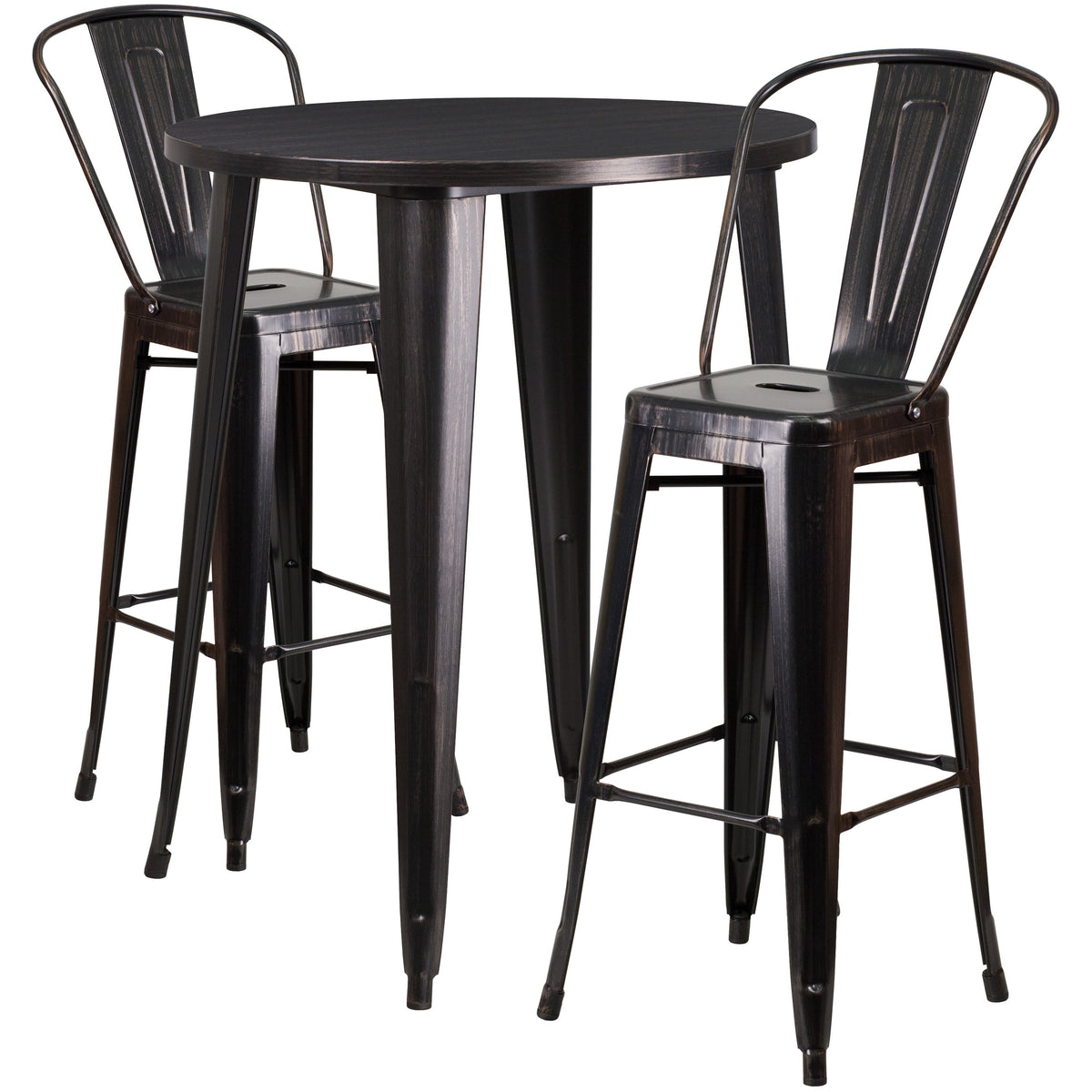 Black-Antique Gold |#| 30inch Round Black-Gold Metal Indoor-Outdoor Bar Table Set with 2 Cafe Stools