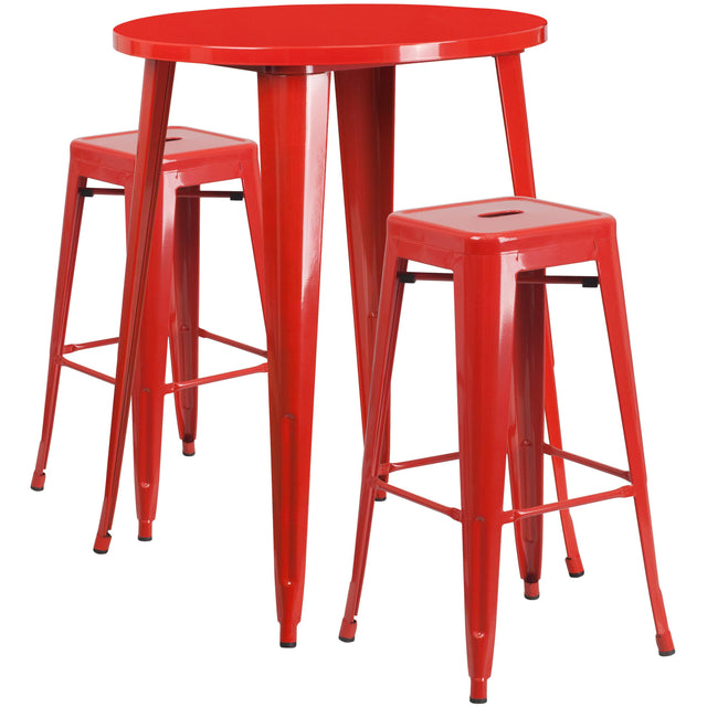 Commercial Grade 30" Round Metal Indoor-Outdoor Bar Table Set with 2 Square Seat Backless Stools - View 1
