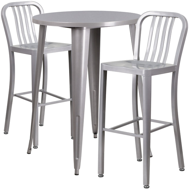 Commercial Grade 30" Round Metal Indoor-Outdoor Bar Table Set with 2 Vertical Slat Back Stools - View 1