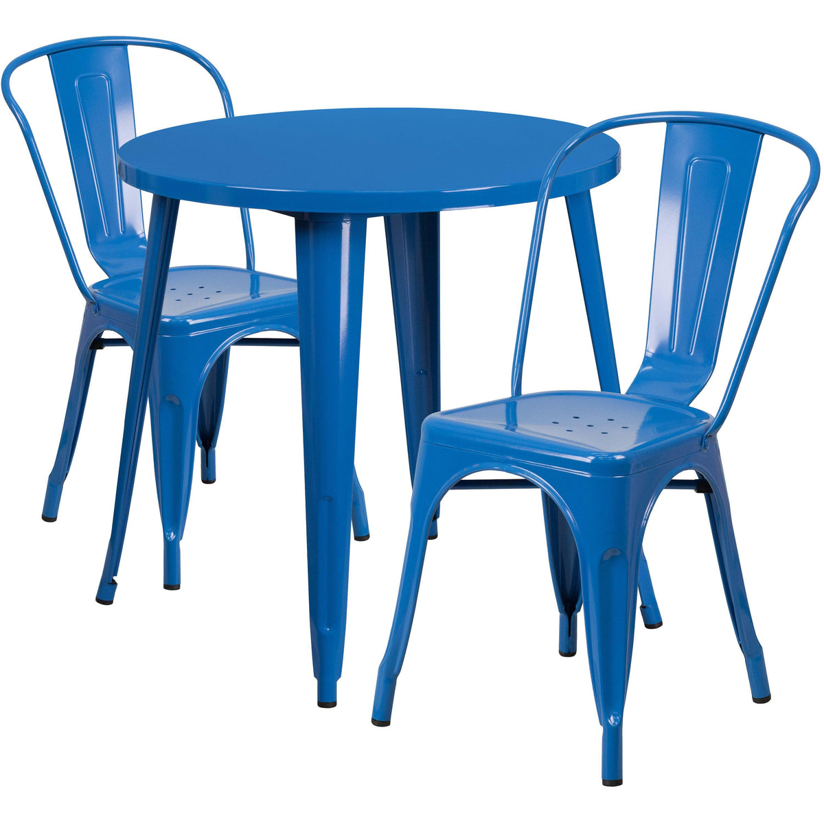 Blue |#| 30inch Round Blue Metal Indoor-Outdoor Table Set with 2 Cafe Chairs