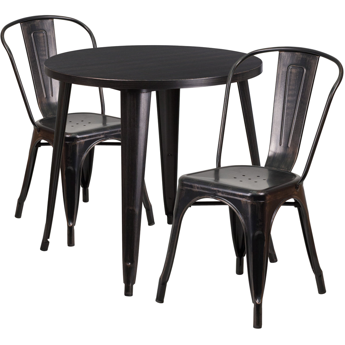Black-Antique Gold |#| 30inch Round Black-Antique Gold Metal Indoor-Outdoor Table Set with 2 Cafe Chairs