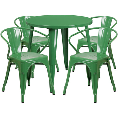 Commercial Grade 30" Round Metal Indoor-Outdoor Table Set with 4 Arm Chairs - View 1