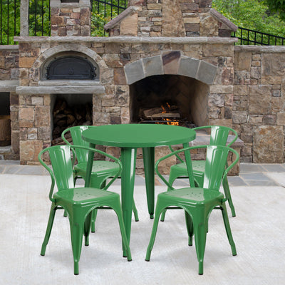 Commercial Grade 30" Round Metal Indoor-Outdoor Table Set with 4 Arm Chairs - View 2