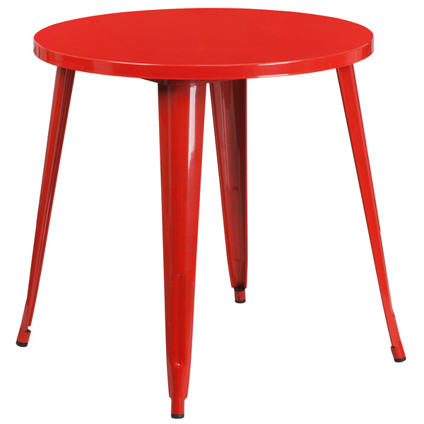 Red |#| 30inch Round Red Metal Indoor-Outdoor Table Set with 4 Vertical Slat Back Chairs