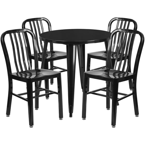 Black |#| 30inch Round Black Metal Indoor-Outdoor Table Set with 4 Vertical Slat Back Chairs