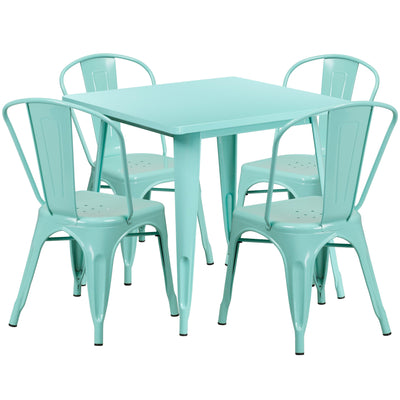 Commercial Grade 31.5" Square Metal Indoor-Outdoor Table Set with 4 Stack Chairs - View 1