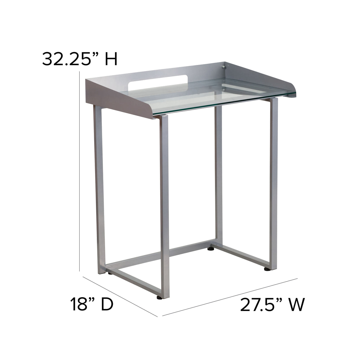 Clear Tempered Glass Desk w/ Raised Cable Management Border & Silver Metal Frame