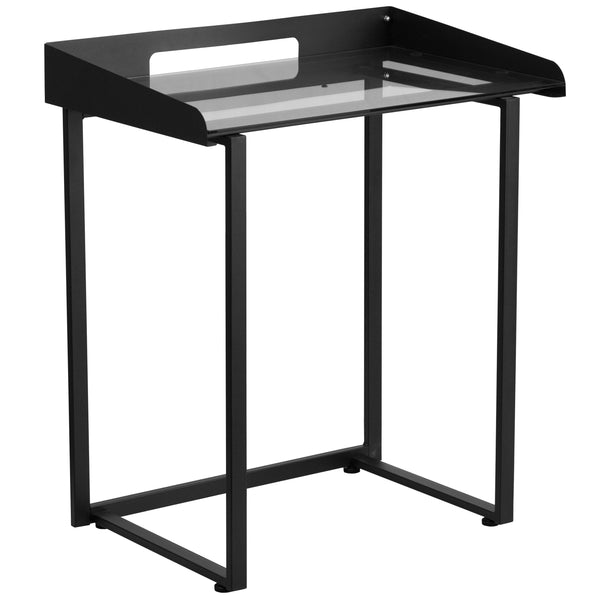 Clear Tempered Glass Desk w/ Raised Cable Management Border & Black Metal Frame