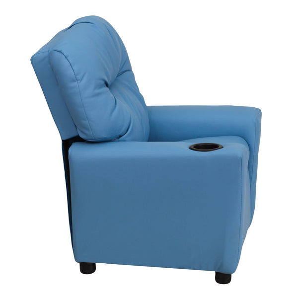 Light Blue Vinyl |#| Contemporary Light Blue Vinyl Kids Recliner with Cup Holder - Hardwood Frame