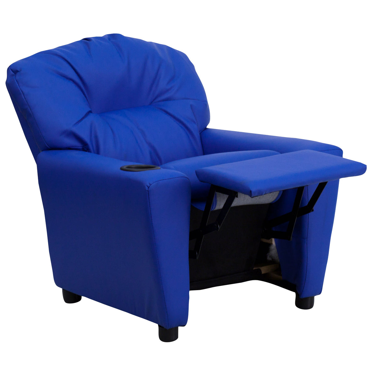 Blue Vinyl |#| Contemporary Blue Vinyl Kids Recliner with Cup Holder - Hardwood Frame