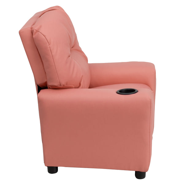 Pink Vinyl |#| Contemporary Pink Vinyl Kids Recliner with Cup Holder - Hardwood Frame