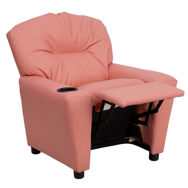 Pink Vinyl |#| Contemporary Pink Vinyl Kids Recliner with Cup Holder - Hardwood Frame