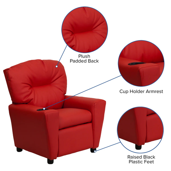 Red Vinyl |#| Contemporary Red Vinyl Kids Recliner with Cup Holder - Hardwood Frame