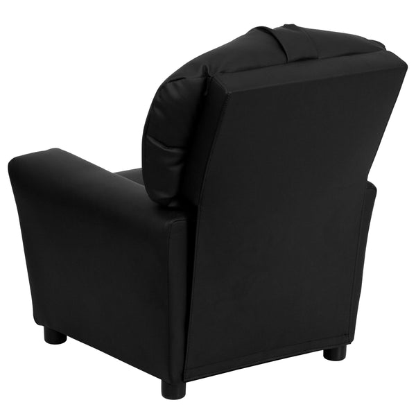 Black LeatherSoft |#| Contemporary Black LeatherSoft Kids Recliner with Cup Holder - Hardwood Frame