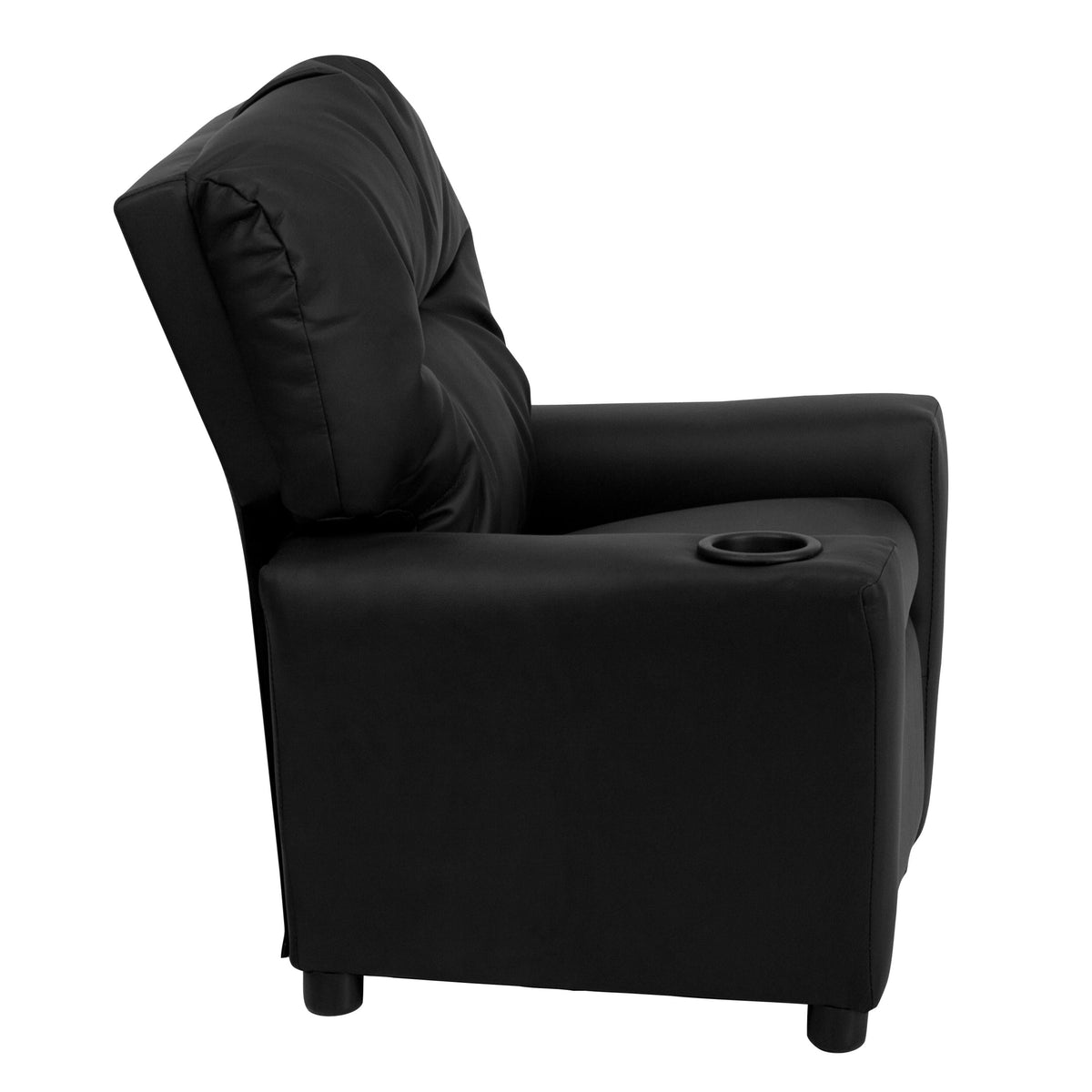 Black LeatherSoft |#| Contemporary Black LeatherSoft Kids Recliner with Cup Holder - Hardwood Frame