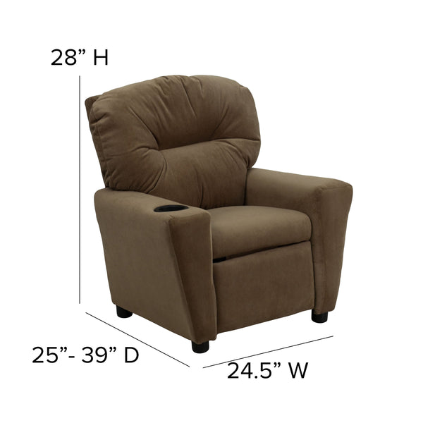 Brown Microfiber |#| Contemporary Brown Microfiber Kids Recliner with Cup Holder - Hardwood Frame