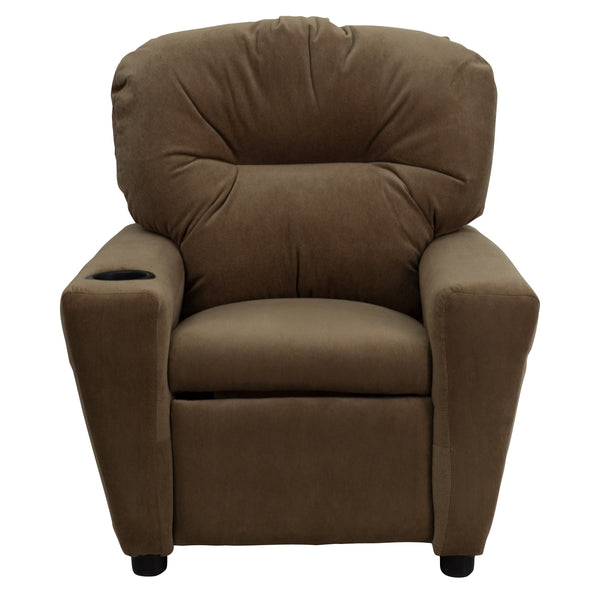 Brown Microfiber |#| Contemporary Brown Microfiber Kids Recliner with Cup Holder - Hardwood Frame