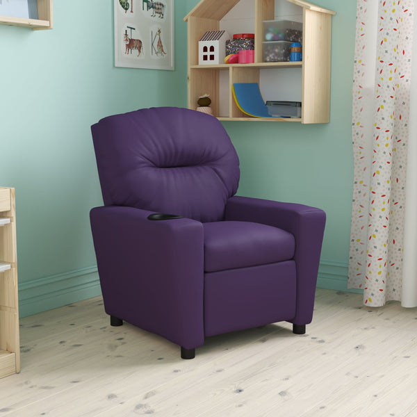 Purple Vinyl |#| Contemporary Purple Vinyl Kids Recliner with Cup Holder - Hardwood Frame