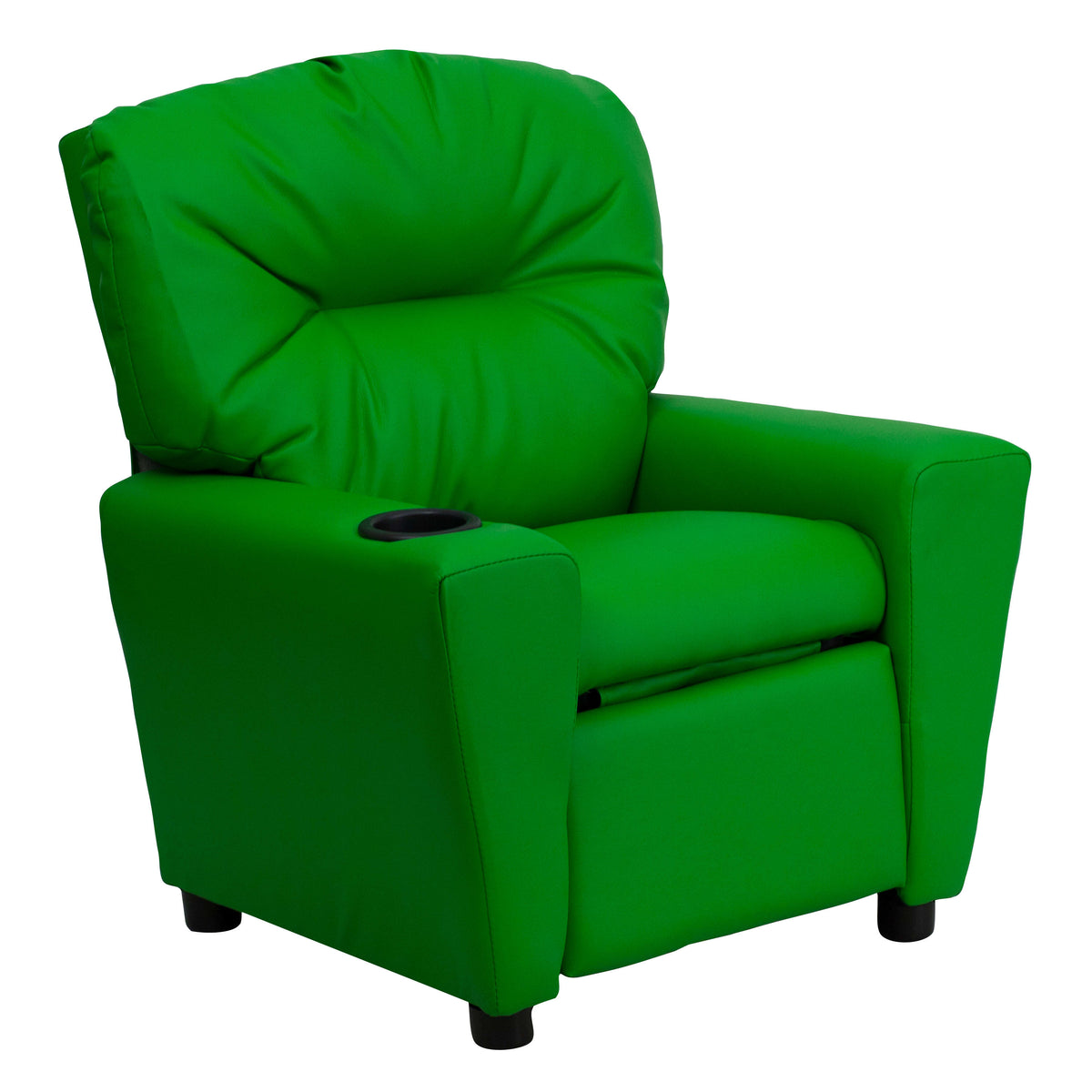 Green Vinyl |#| Contemporary Green Vinyl Kids Recliner with Cup Holder - Hardwood Frame