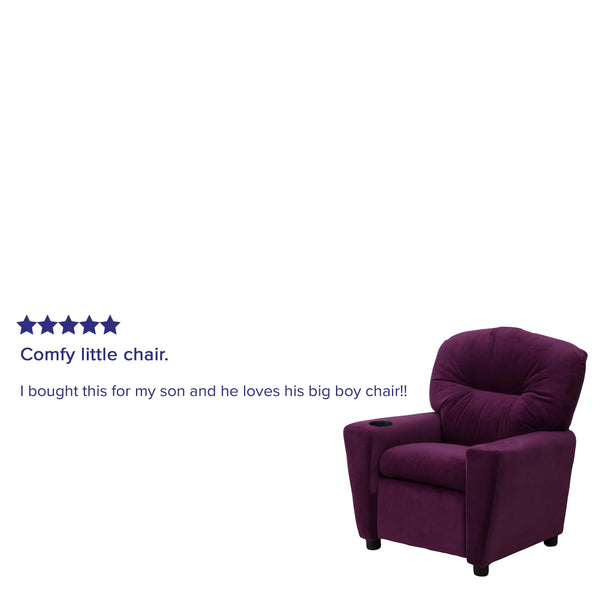 Purple Microfiber |#| Contemporary Purple Microfiber Kids Recliner with Cup Holder - Hardwood Frame