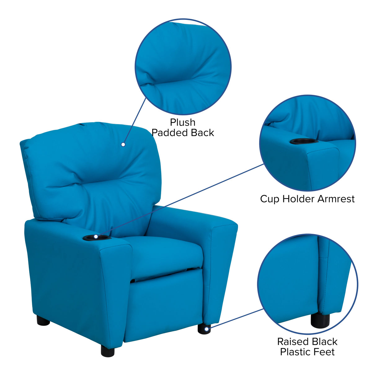 Turquoise Vinyl |#| Contemporary Turquoise Vinyl Kids Recliner with Cup Holder - Hardwood Frame